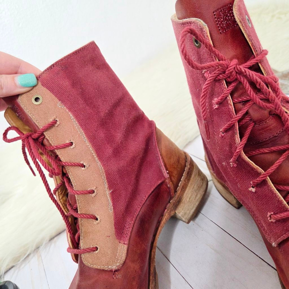 Timberland Boot Company retro red canvas lace-up combat boots patchwork womens 8 - Picture 6 of 10
